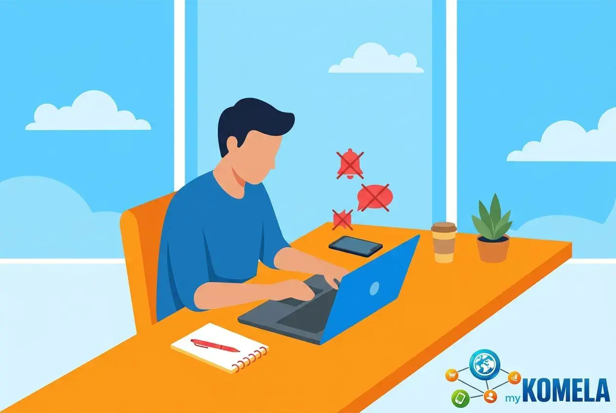 Homme travaillant sur ordinateur portable à son bureau, distractions virtuelles enlevées, ambiance lumineuse et calme pour la gestion du temps entrepreneur.