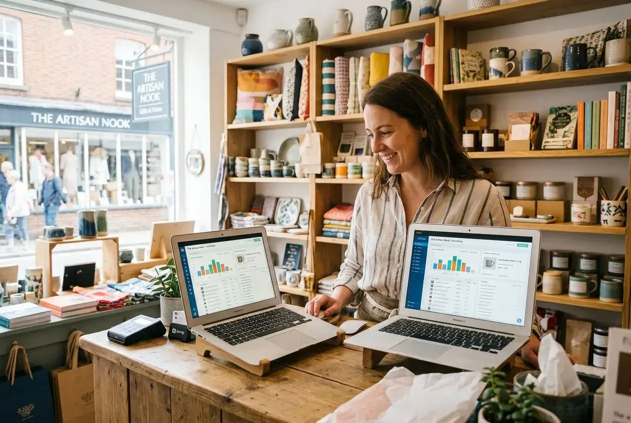 Homme/femme d’affaires magasinant à un comptoir avec deux ordinateurs portables affichant des graphiques et données, ambiance boutique artisanale. meilleur logiciel de gestion de stock pour le commerce
