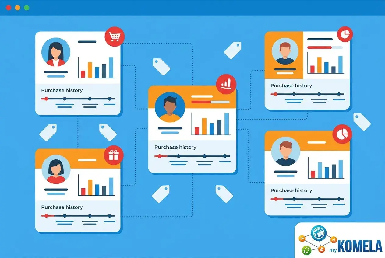Illustration montrant des fiches clients connectées, avec graphiques et étiquettes « Purchase history », représentant la fidélisation en TPE et l’expérience client. comment fidéliser ses clients tpe intégré.
