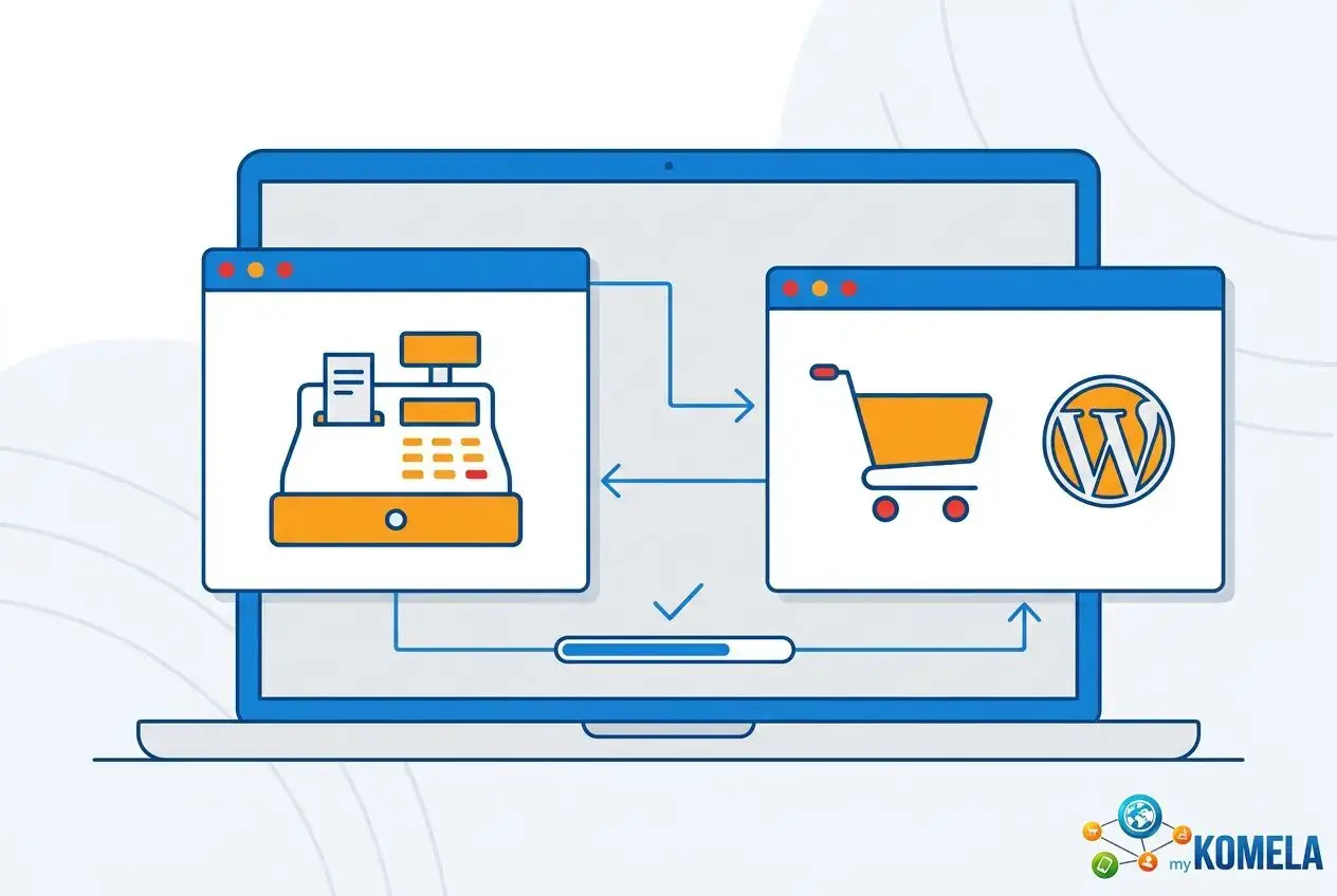 Illustration montrant la synchronisation des stocks entre caisse et boutique en ligne sur un ordinateur, avec pictogrammes magasin et commerce électronique. synchronisation stocks magasin en ligne.