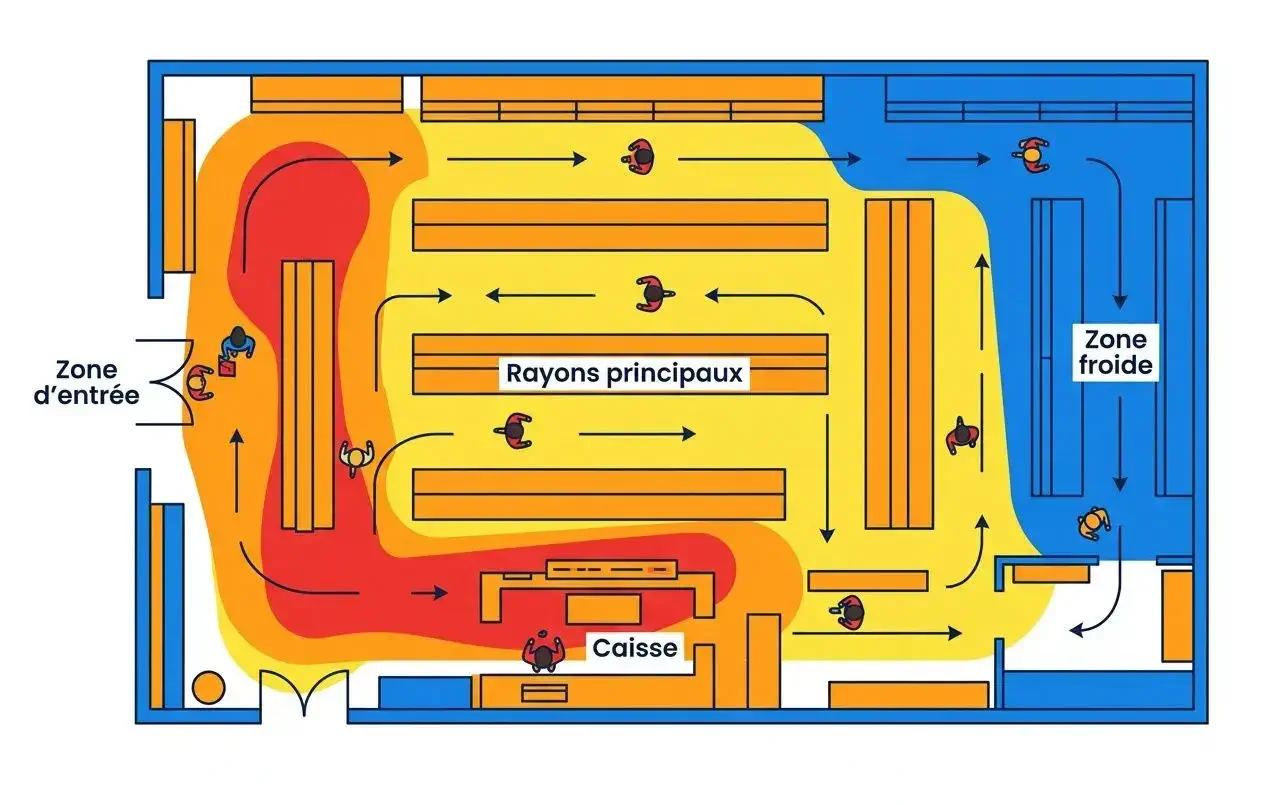 Plan du magasin montrant le parcours client en zone chaude (rouge/orange) vers la caisse, et zone froide (bleue) à l’arrière. Plan du magasin montrant le parcours client en zone chaude (rouge/orange) vers la caisse, et zone froide (bleue) à l’arrière.