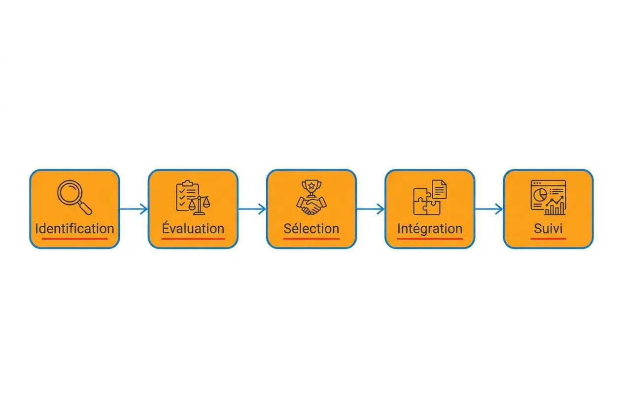 Processus de gestion des fournisseurs en cinq étapes : Identification, Évaluation, Sélection, Intégration, Suivi. Inclut le concept de comment gérer efficacement ses fournisseurs.