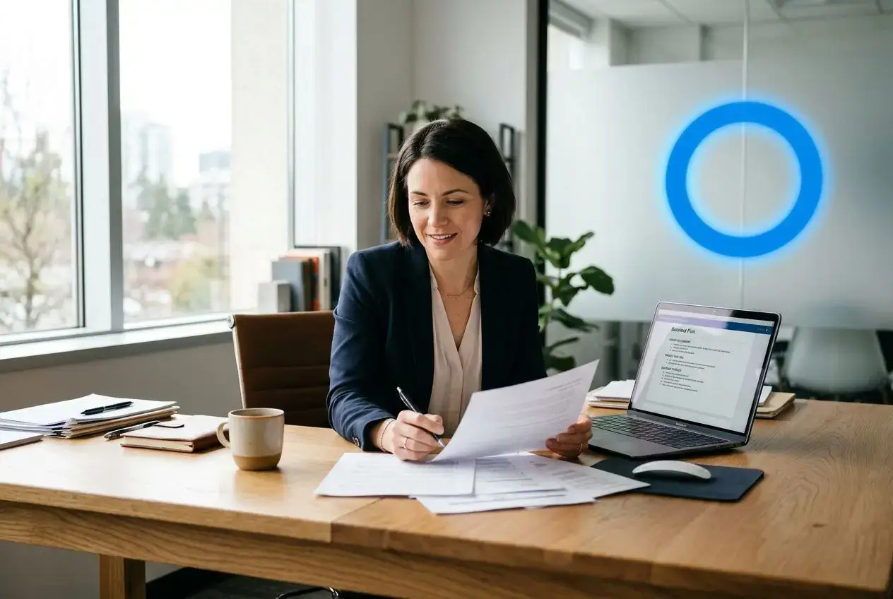 Professionnelle assise à son bureau, en train de lire et signer des documents, avec un ordinateur portable et une tasse à proximité dans un bureau lumineux.