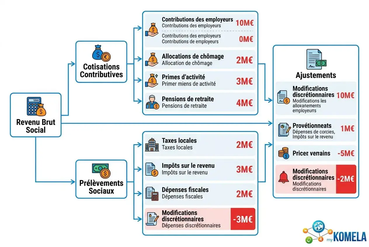 Schéma illustrant les cotisations et prélèvements de la Déclaration sociale des indépendants 2026, avec revenus bruts, éléments contributifs et ajustements, incluant les modifications discrétionnaires et les dépenses fiscales.