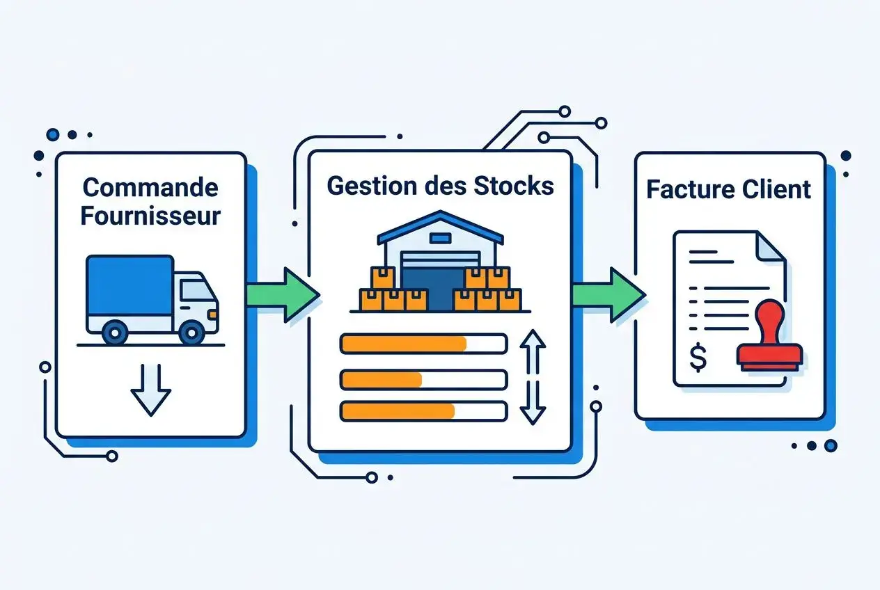 Schéma illustrant la gestion des stocks: commande fournisseur → gestion des stocks → facture client, avec flèches et pictogrammes d’entrepôt et de document. Meilleur logiciel de gestion de stock pour le commerce.