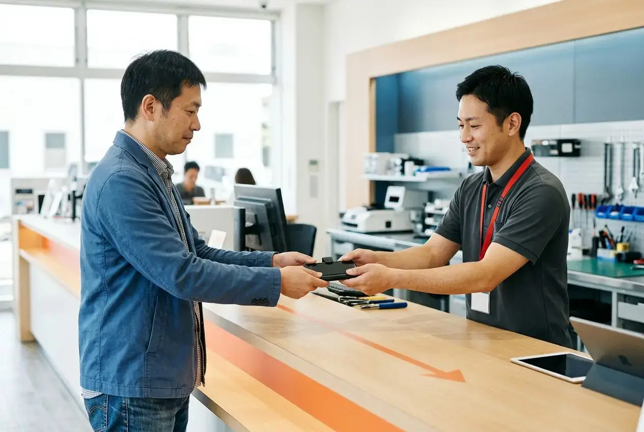 Service après-vente def : vendeur échange un appareil avec un représentant du SAV dans un magasin lumineux.