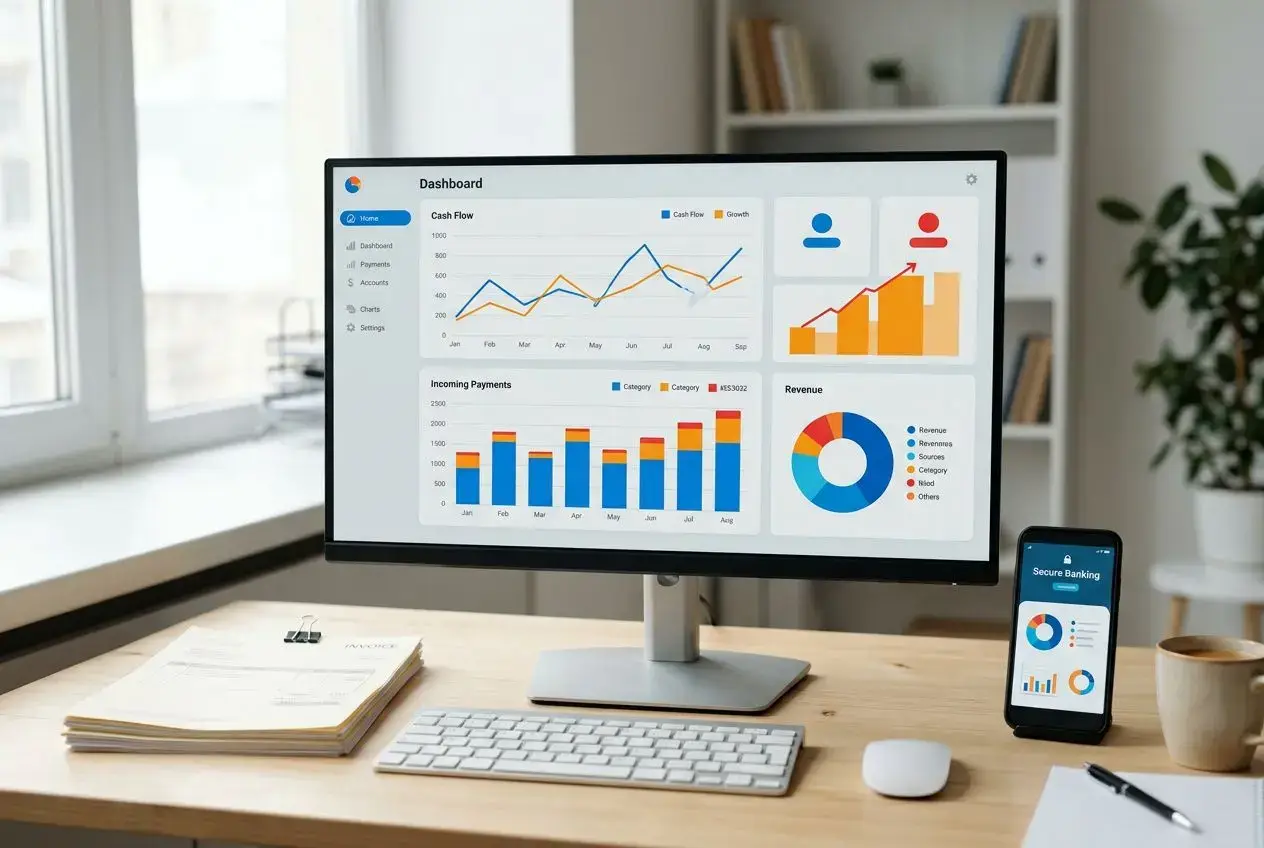 Tableau de bord affiché sur écran d’ordinateur avec graphiques et chiffres, bureau moderne et apps mobiles pour le meilleur outil de gestion pour une tpe.
