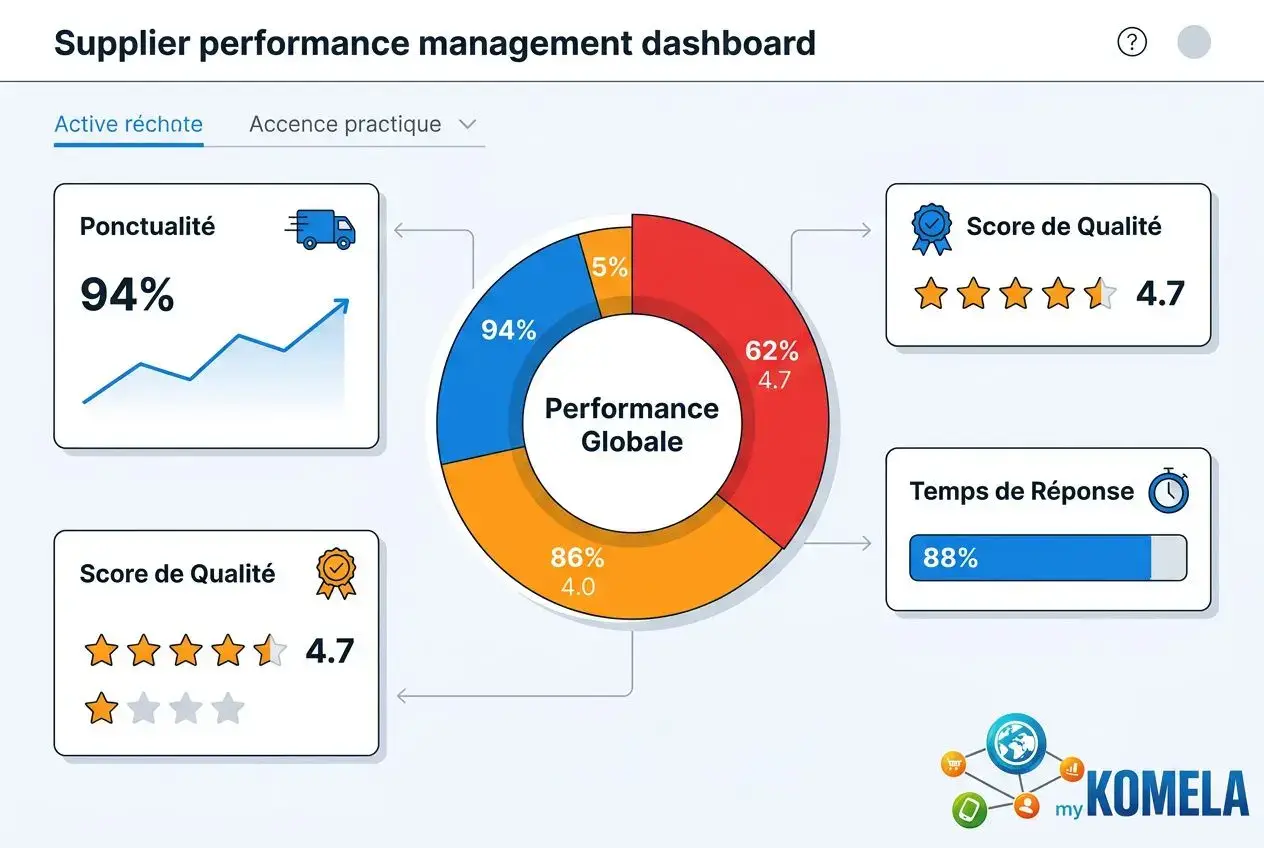Tableau de bord de gestion de la performance des fournisseurs montrant pontualité à 94%, score qualité 4,7, temps de réponse à 88% et graphiques circulaires indiquant la performance globale et les KPI. - intégration du thème « comment gérer efficacement ses fournisseurs ».