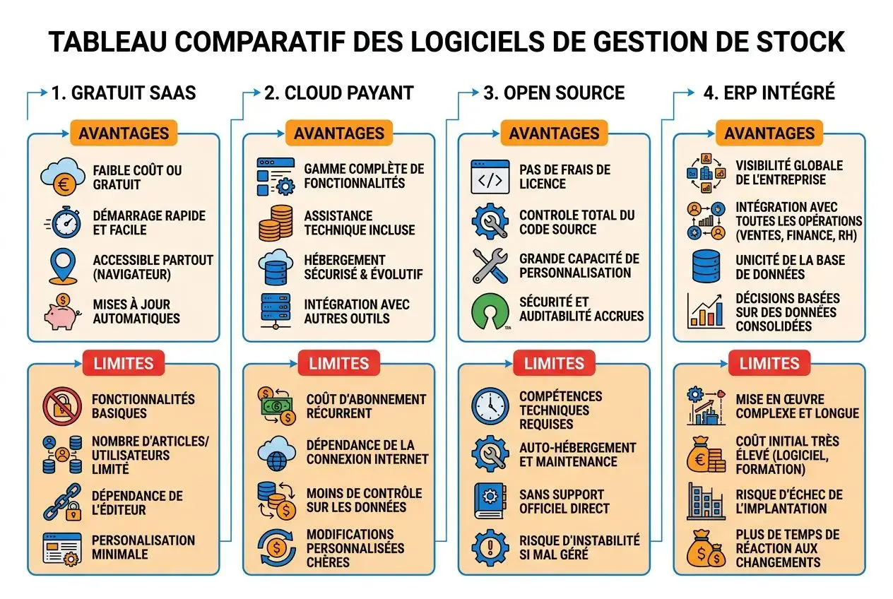 Tableau comparatif des logiciels de gestion de stock: 4 colonnes (Gratuit SaaS, Cloud payant, Open Source, ERP intégré) avec avantages et limites pour chaque catégorie.