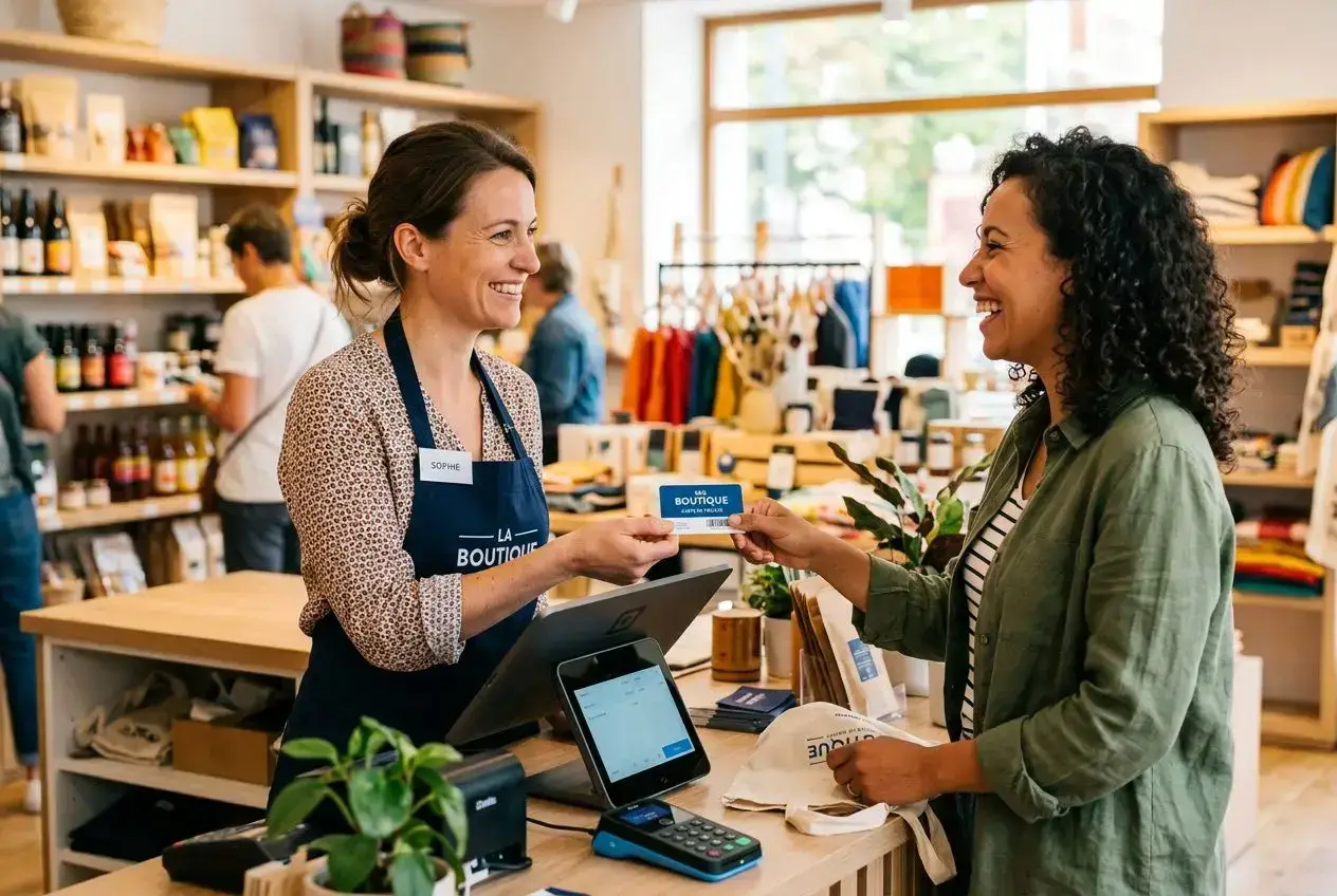 Vendeuse souriante remet une carte ou récompense au client derrière le comptoir de boutique; ambiance chaleureuse et colisage lumineux. Le sujet illustre le programme de fidélité client.