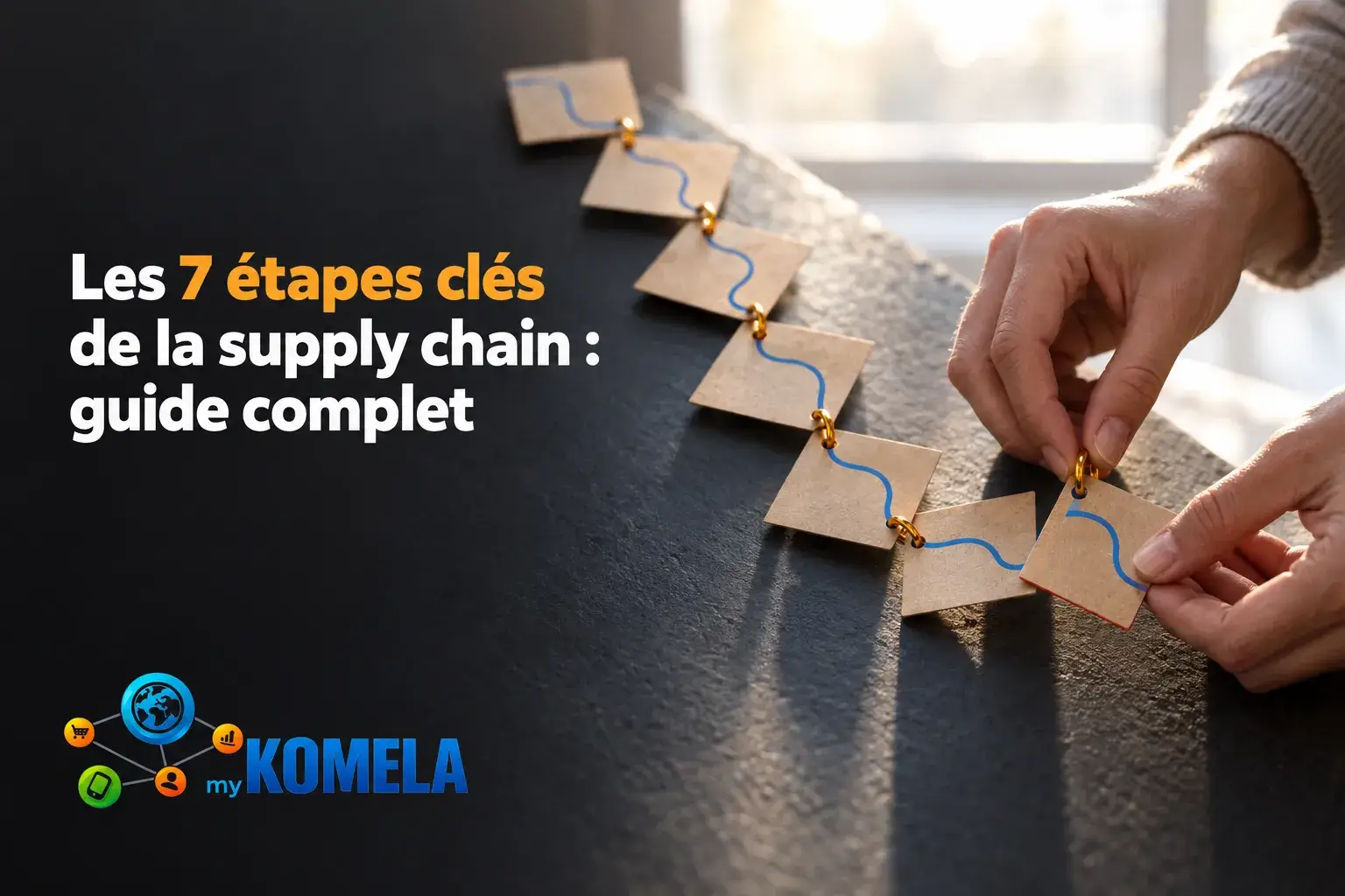 Les 7 étapes clés de la supply chain illustrées par des notes en papier alignées, reliant une main en action, sur fond sombre.