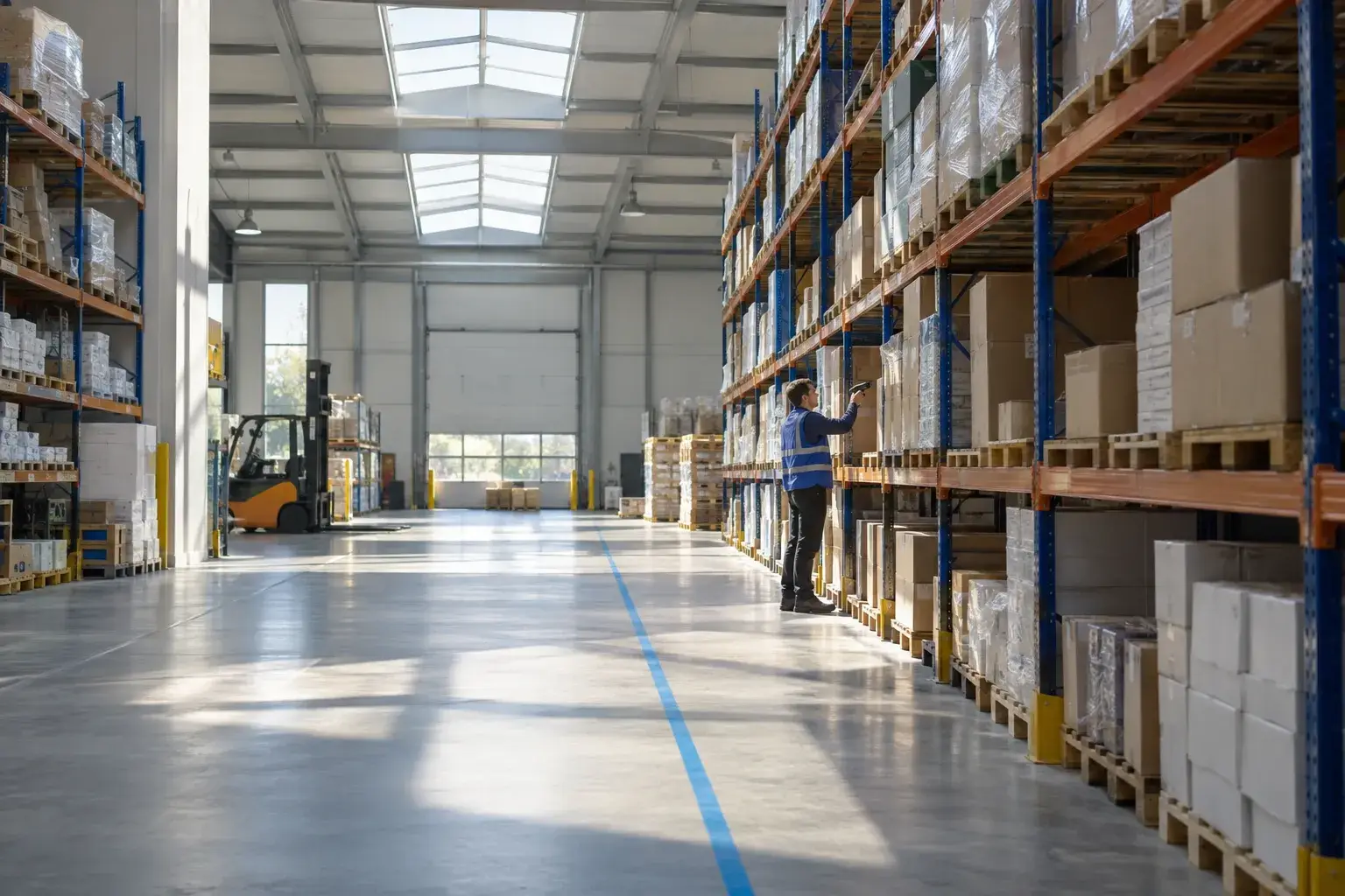 Activation d’un opérateur dans un entrepôt, vérifiant des palettes et des cartons sur des rayonnages industriels.
