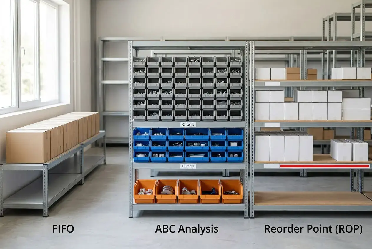 Affichage d’un dépôt avec étagères et boîtes organisé selon FIFO, ABC Analysis et Reorder Point (ROP), illustrant trois méthodes de gestion des stocks.