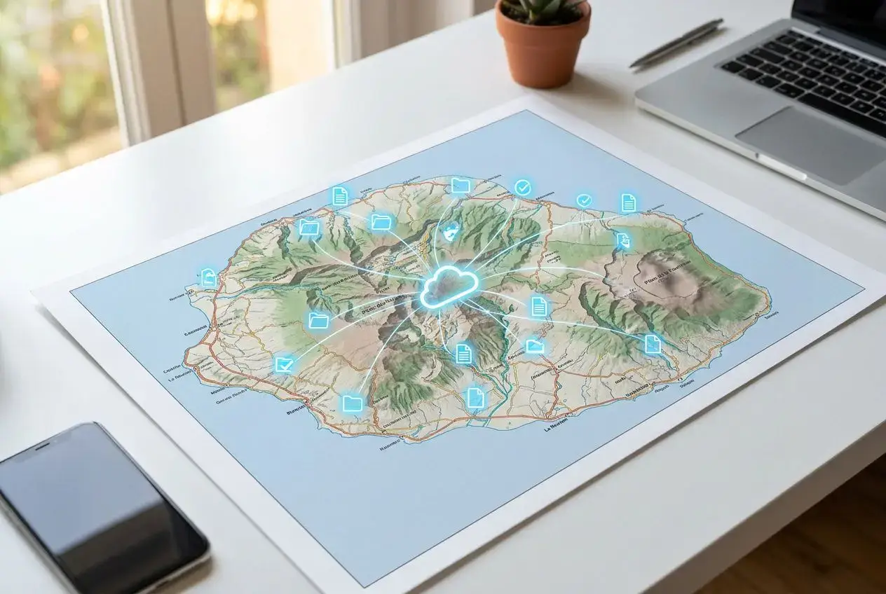 Carte de l’île de La Réunion avec icônes de documents et cloud montrant la facturation électronique à la Réunion dans un cadre professionnel.
