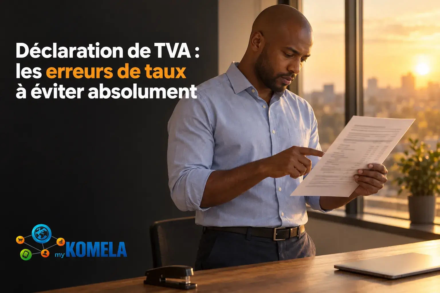 Déclaration de TVA : un homme lit un document, mise en avant des erreurs de taux à éviter absolument, sur fond de bureau.