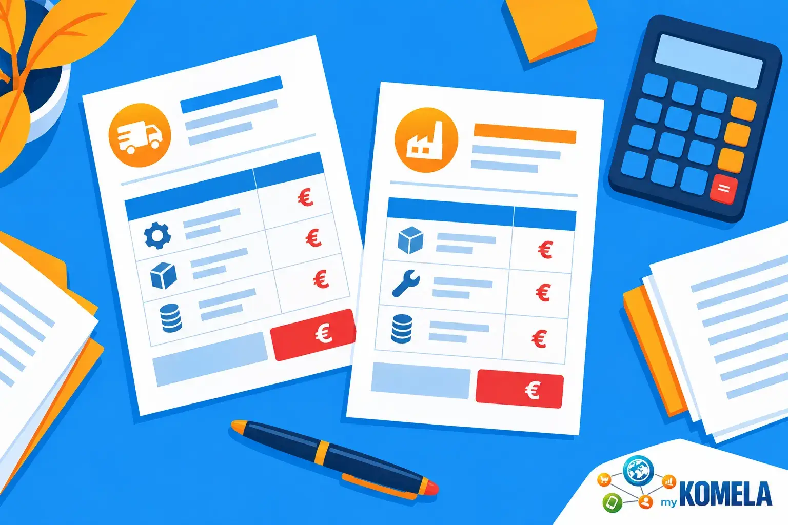 Deux documents de facture ou de devis posés sur une table bleue avec une calculatrice et des stylos autour.