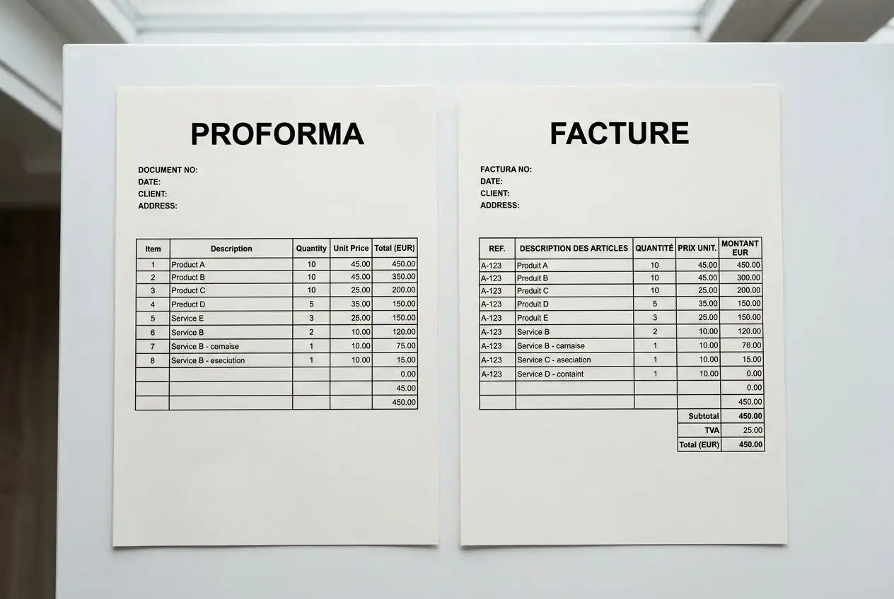 Deux documents imprimés affichés sur une surface: à gauche une fiche intitulée « PROFORMA » et à droite une fiche intitulée « FACTURE ». Chacune présente des tableaux avec colonnes et lignes détaillant articles, quantités et montants, simulant des proformas et factures. Cette image illustre le contraste entre facture proforma et facture.