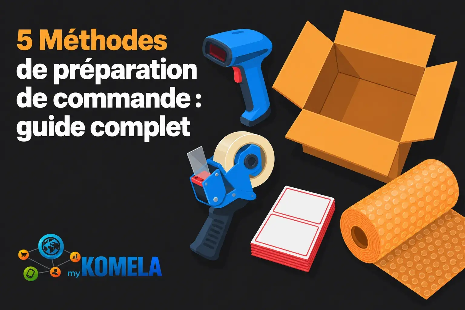Diagramme illustrant « 5 Méthodes de préparation de commande : guide complet » avec outils et carton, prêt à guider la logistique.