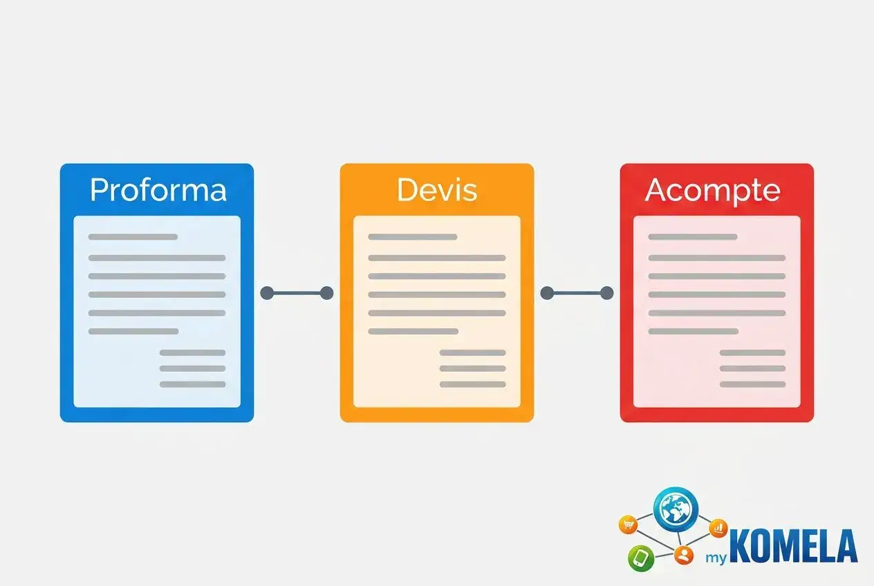 Diagramme montrant trois documents connectés: Proforma (bleu), Devis (orange) et Acompte (rouge), avec logo myKOMELA en bas à droite. Description incluant le terme facture proforma.