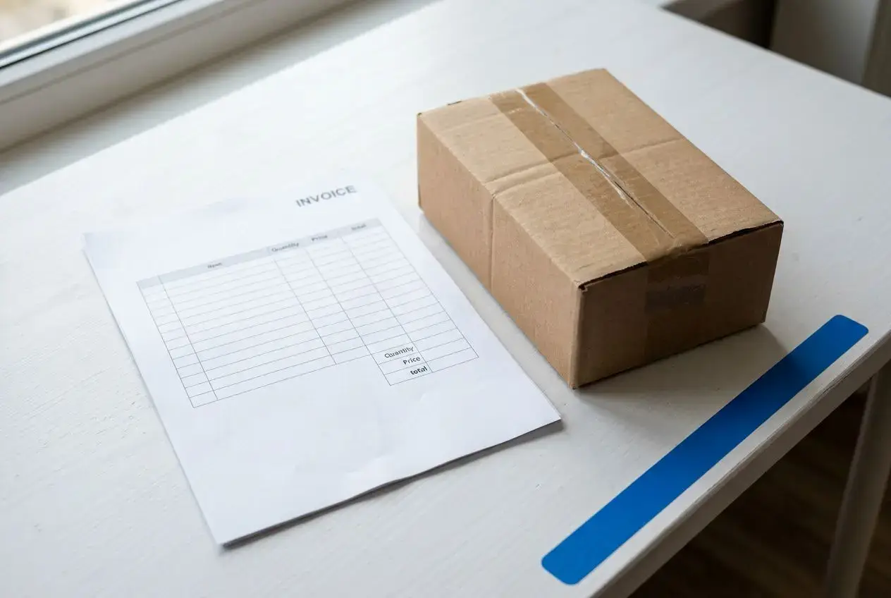 Facture avant livraison : colis et facture papier sur une table, prêt pour la facturation anticipée et le paiement.