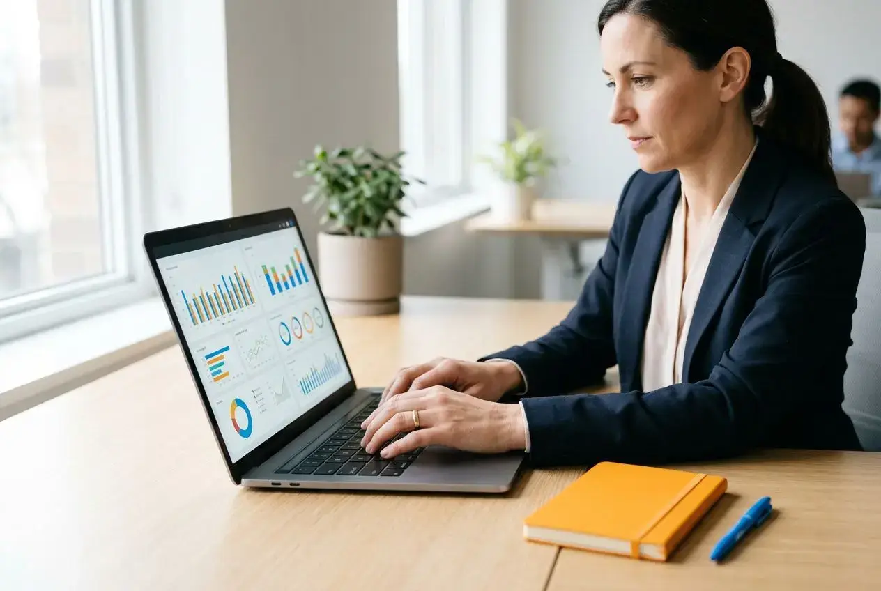 Femme en bureautique utilisant un ordinateur portable affichant des graphiques, à côté d’un cahier et d’un stylo sur le bureau. Logiciel de facturation et de gestion de stocks à La Réunion.