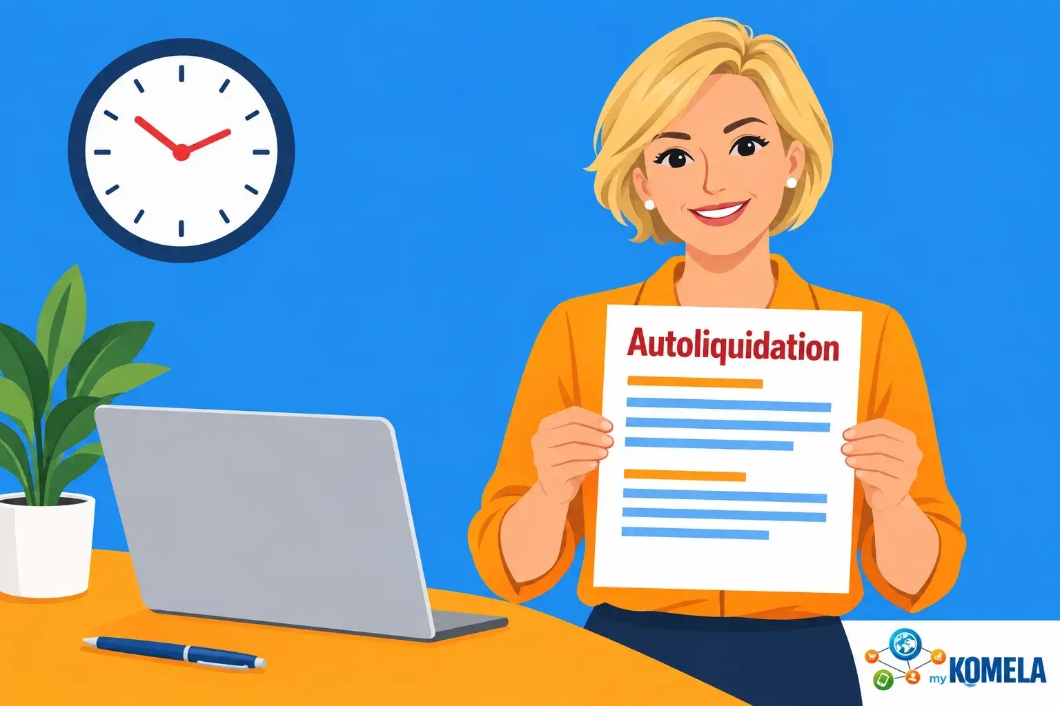 Une femme souriante tient un document intitulé Autoliquidation devant un ordinateur portable sur un bureau orange.