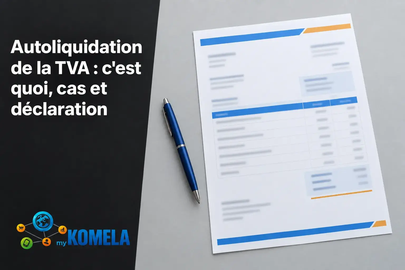 Une feuille de document comptable posée sur une surface grise avec un stylo bleu posé à côté.