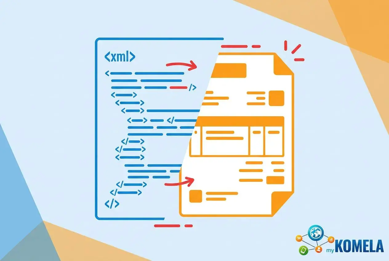 Illustration représentant un document JSON/Code à gauche et une facture/fiche détachée à droite, avec des éléments colorés et le logo myKOMELA en bas à droite. Meilleur logiciel de gestion pour les TPE.
