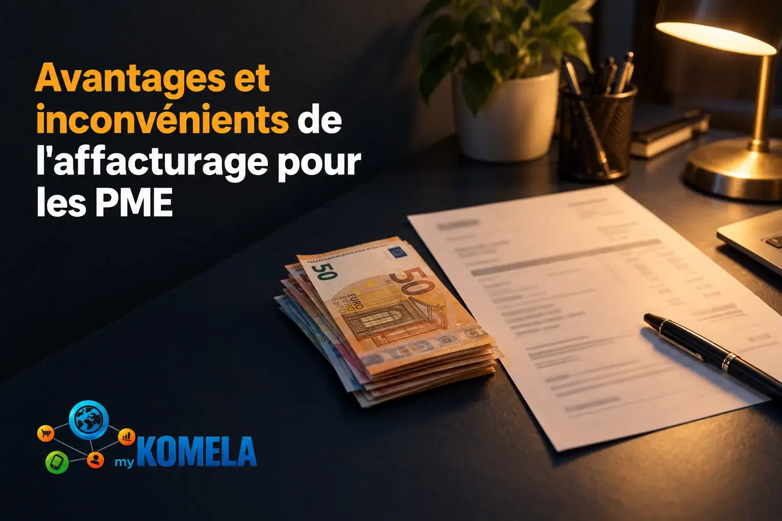 Montre une pile de billets de 50 euros à côté d’un feuillet et d’un stylo sur un bureau, avec une lampe et des plantes en