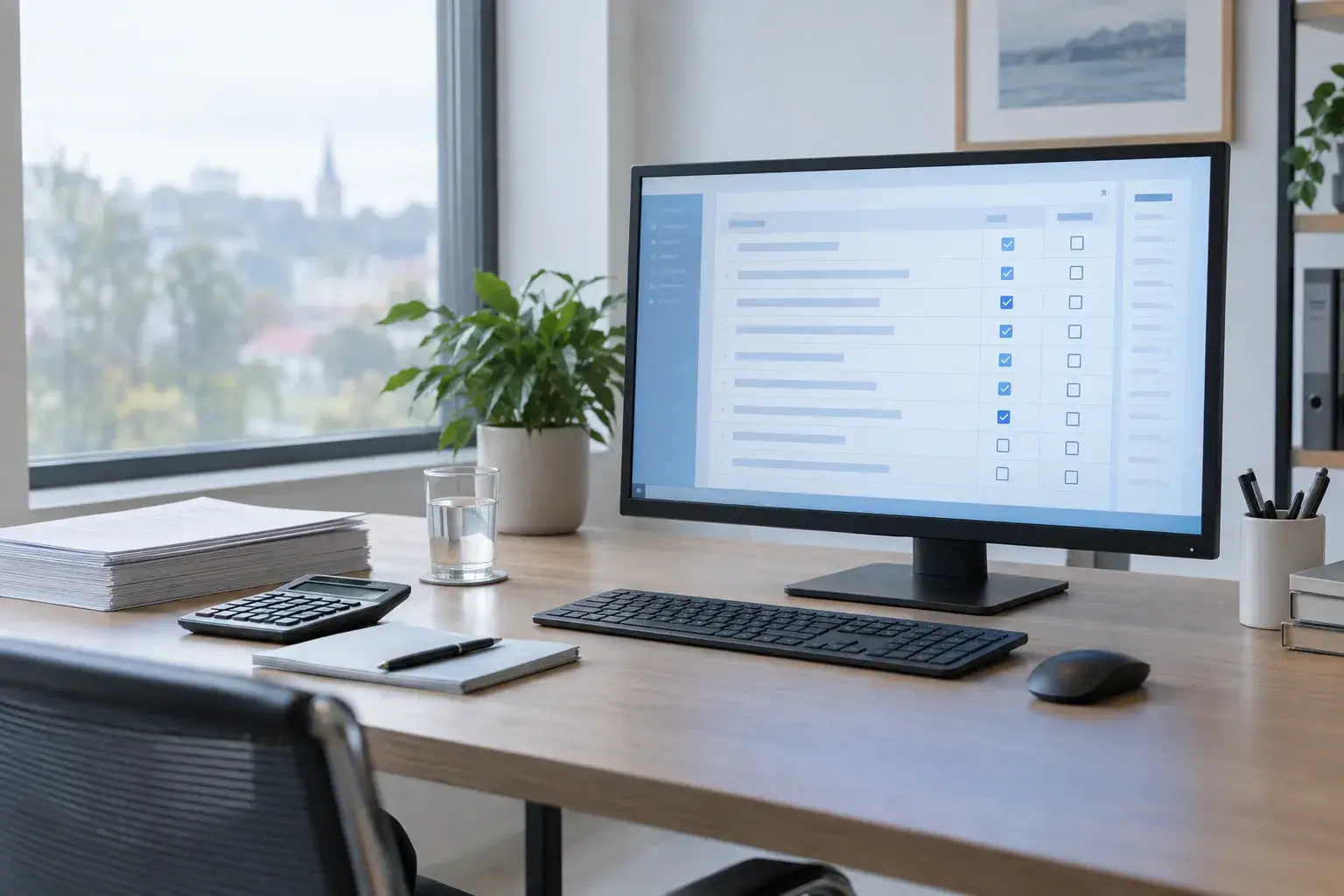 Ordinateur avec écran affichant une liste de données, sur un bureau de travail avec plantes, souris et bloc-notes. Intègre naturellement le thème: les erreurs à éviter pour sa déclaration de TVA.