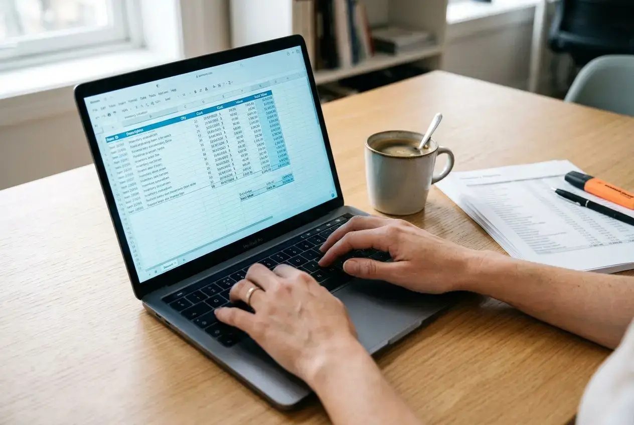 Personne travaillant sur un laptop avec un tableau Excel à l’écran, sur une table, tasse de café et documents à proximité. Intègre subtilement le sujet : « 3 méthodes de valorisation des stocks ».