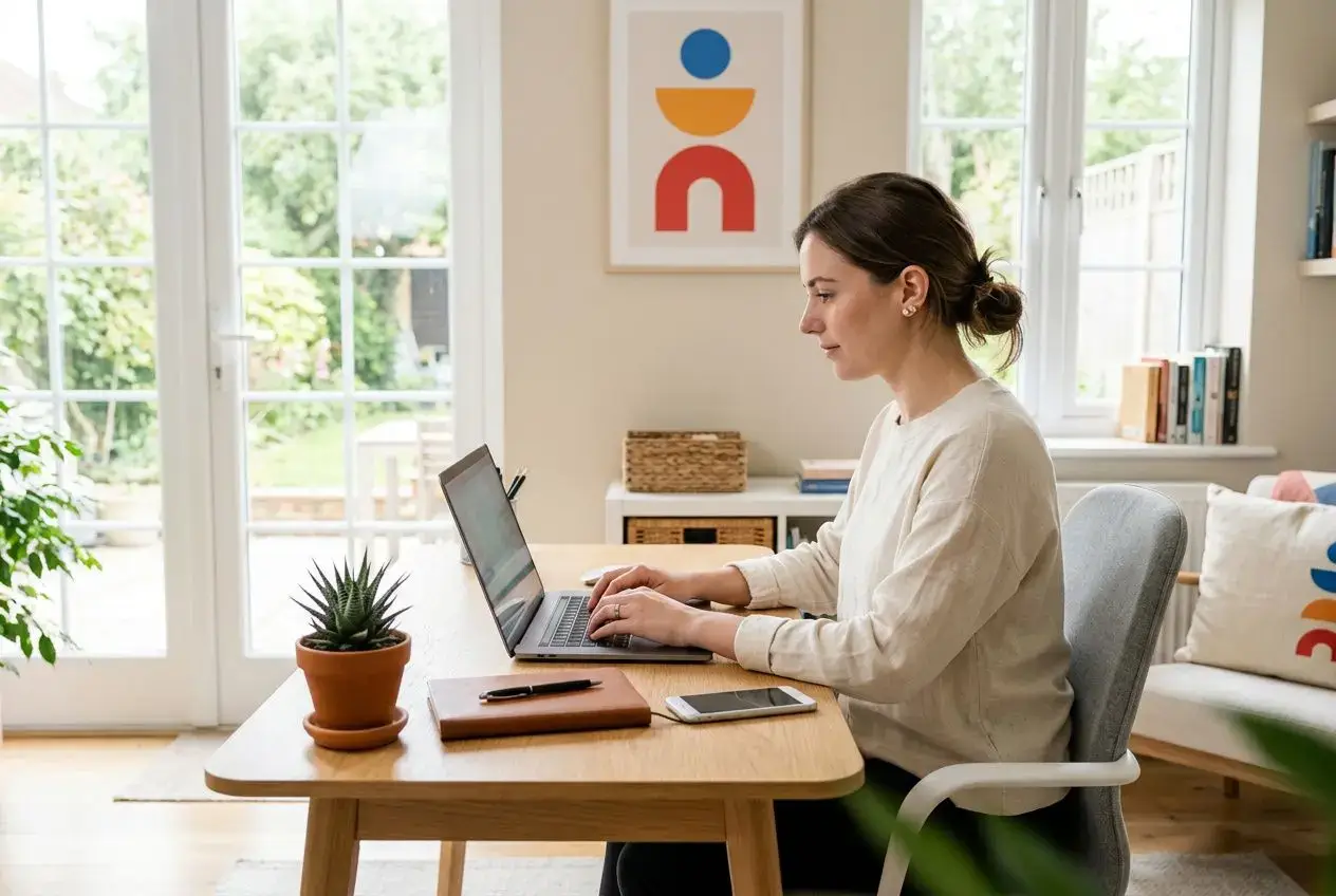 Personne travaillant sur un ordinateur portable à domicile, sur un bureau en bois avec plante et carnet, dans un espace lumineux et épuré. gestion entreprise lifestyle business