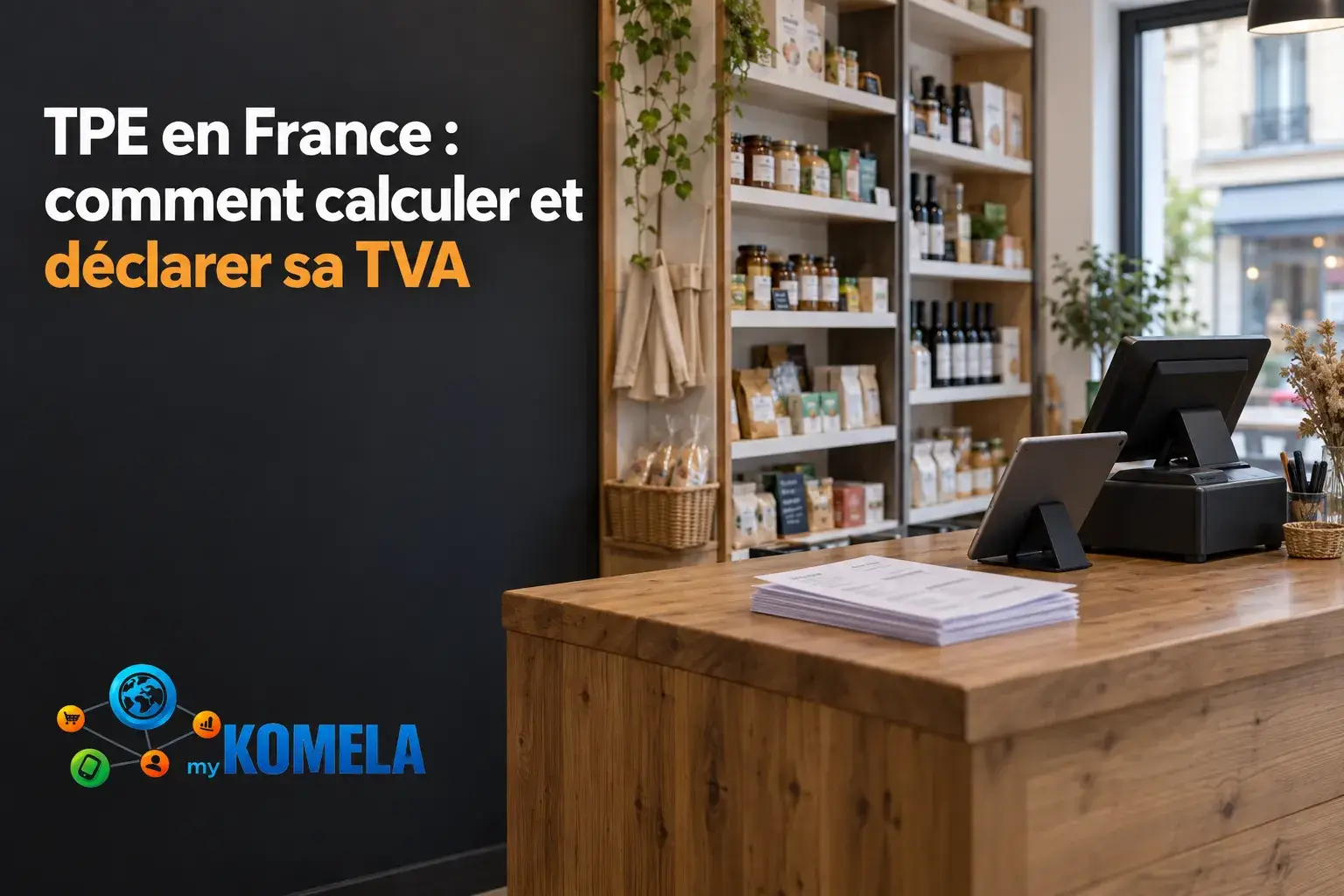 Planche de comptoir en magasin avec caisse et étagères de produits visibles sur fond sombre et le logo KOMELA en bas à gauche