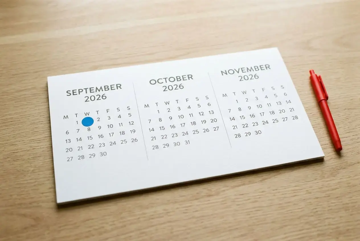 Planificateur miniature montrant septembre et octobre 2026 sur une table, stylo rouge posé à droite. logiciel dématérialisation facture intégré.