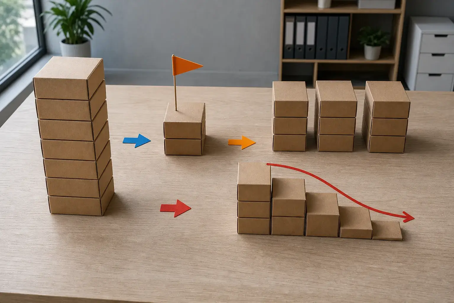 Plusieurs piles de cartons à différents niveaux sur une table, avec flèches et drapeau indiquant des étapes de réapprovisionnement. 4 méthodes de réapprovisionnement des stocks évoquées.