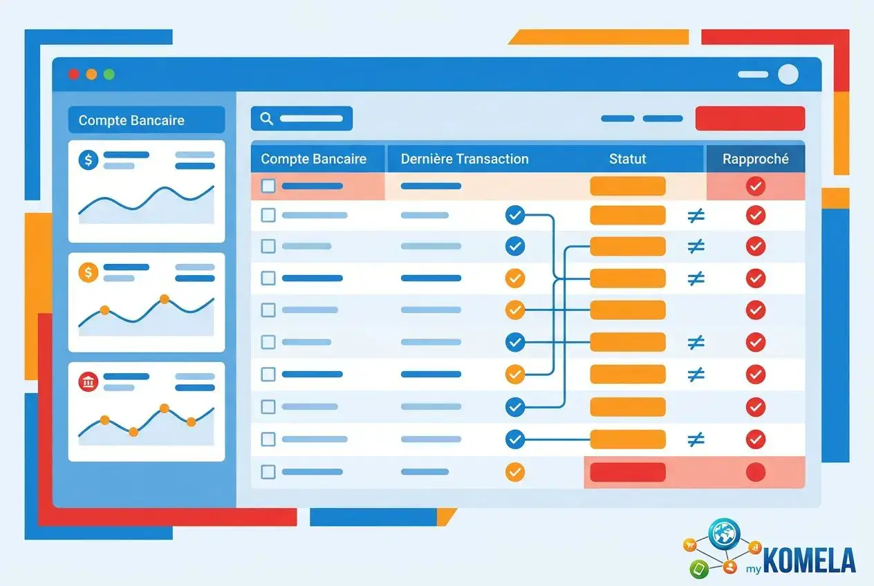 Tableau UI d’un logiciel de gestion: écran comptabilité, suivi de transactions et indicateurs de trésorerie avec graphiques et statuts colorés, logo Komela en bas à droite. meilleur logiciel de gestion pour les tpe