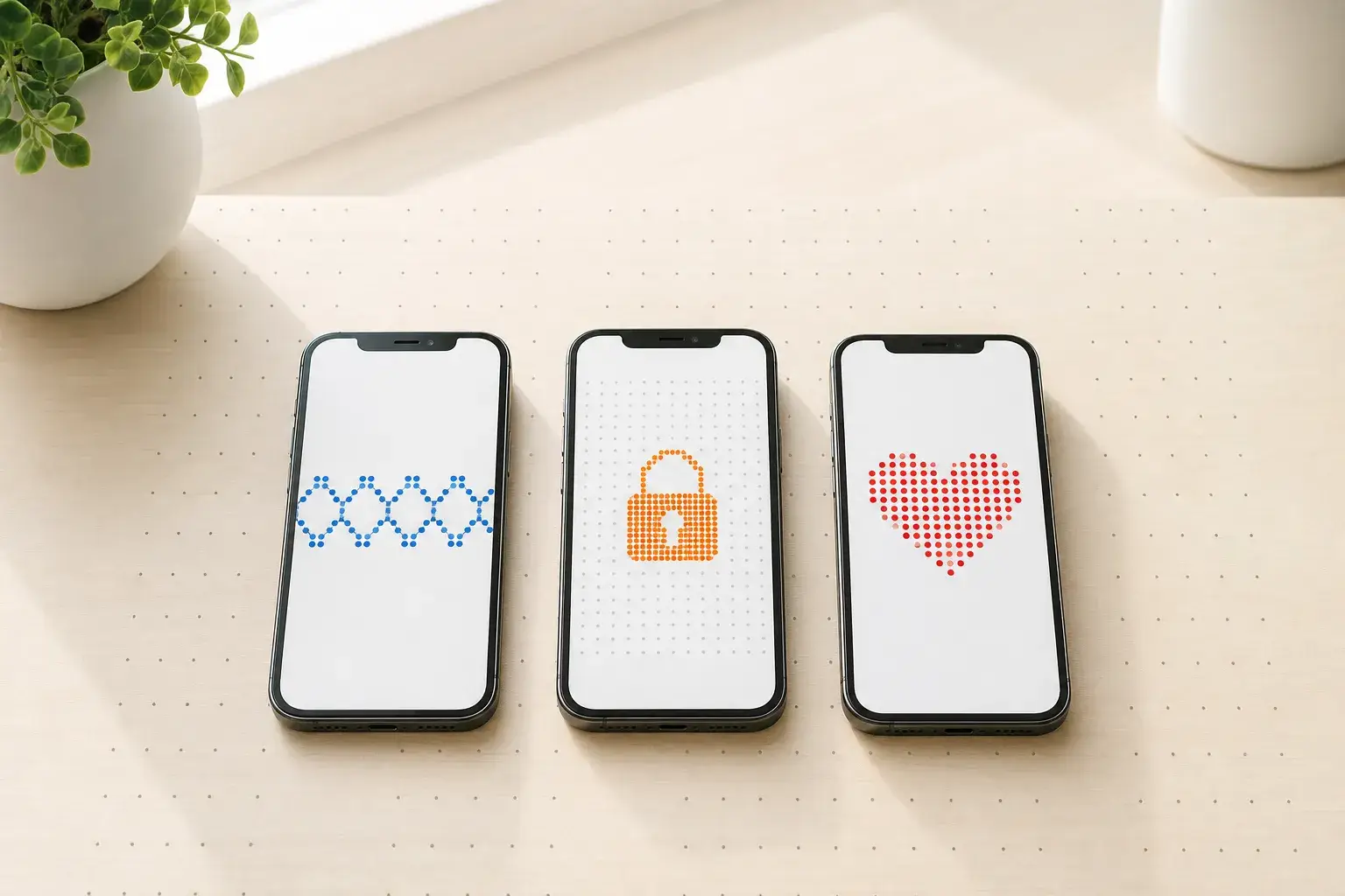 Trois smartphones affichant des icônes liées à la sécurité et à la fidélisation, symbole de 3 types de fidélisation client pour booster votre programme.